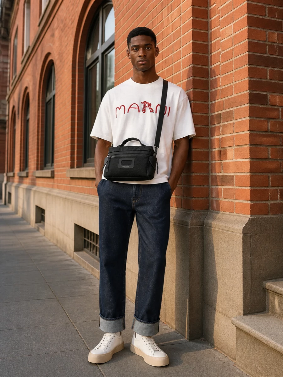 Marni logo tee cuffed denim chunky sneakers
