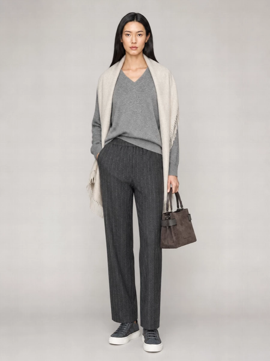 Brunello Cucinelli Wool Cashmere Pinstripe Wide Leg Trousers