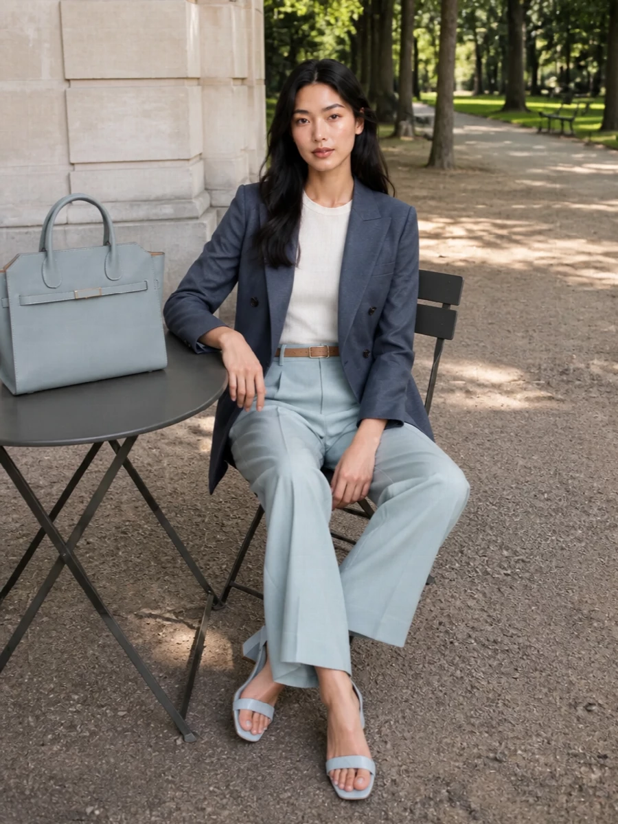 Blaze milano blue trouser suit valextra tote