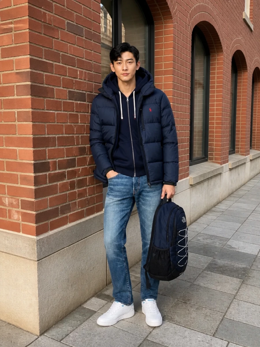 This is a city winter uniform built around Polo’s navy puffer, kept clean with matching fleece and straight indigo denim. White court sneakers and a navy technical backpack sharpen the sport-preppy mood while staying practical for everyday wear.