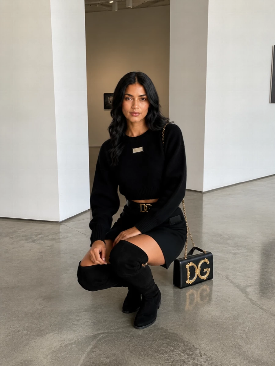 Dolce gabbana cropped knit black mini skirt outfit
