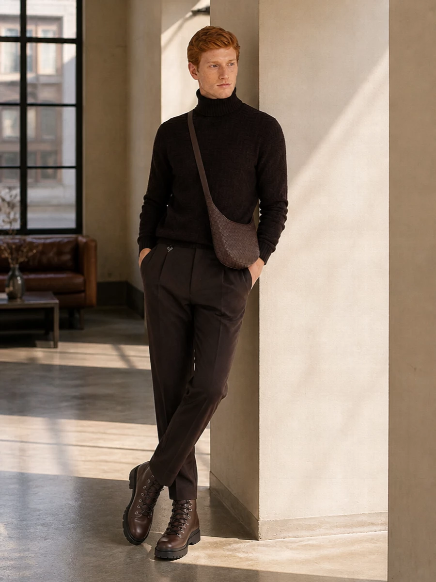 Prada hiking boots brown turtleneck trousers outfit