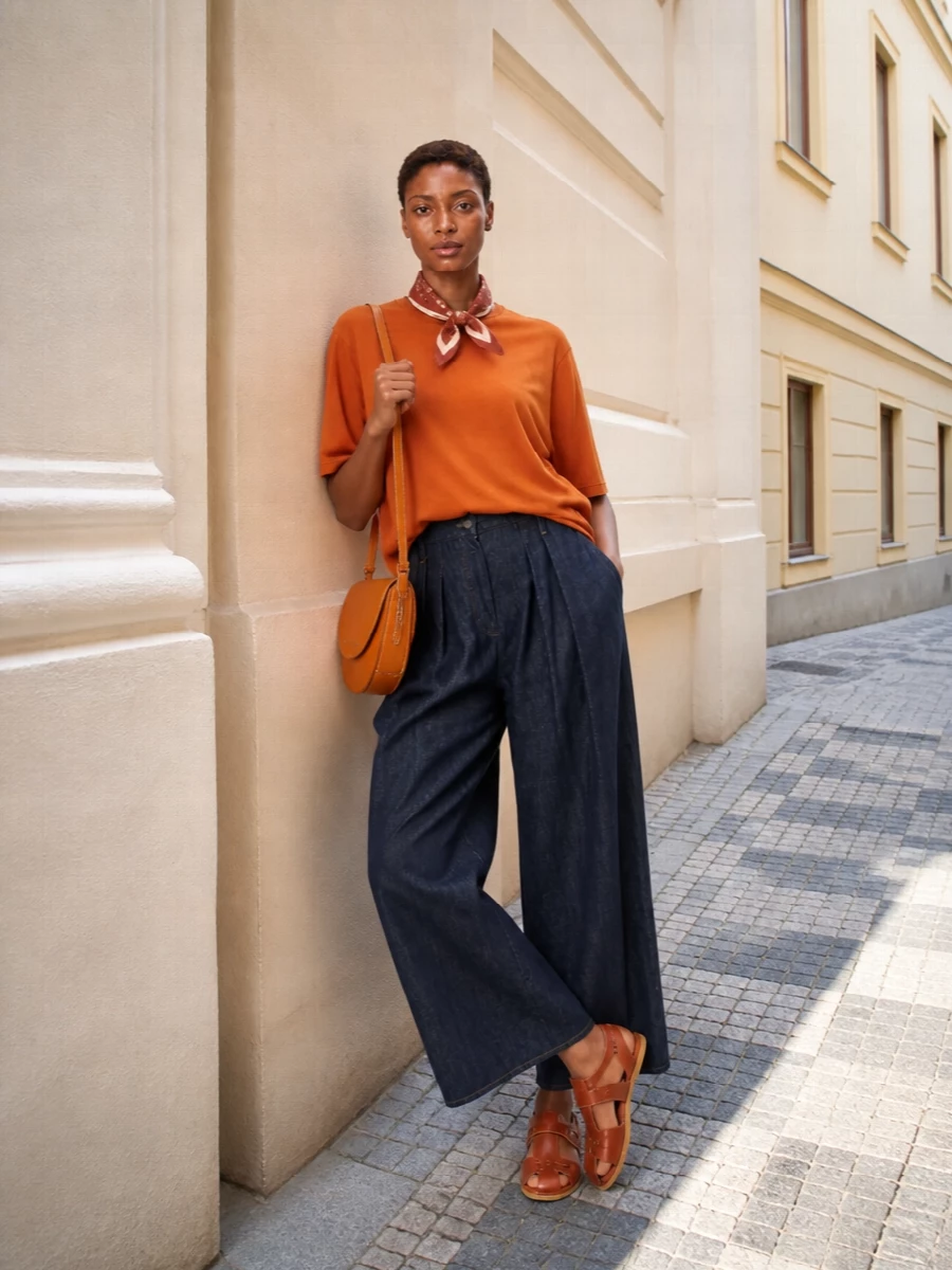 Burnt orange and deep indigo set a grounded, sun-warmed palette, with the boxy tee relaxed over sculpted high-rise wide-leg denim. Tan leather fisherman sandals and a matching saddle bag keep the mood clean and unfussy, all warm curves and quiet hardware. A terracotta neckerchief introduces a soft, Italian-inflected detail that links the colours without disturbing the simplicity.