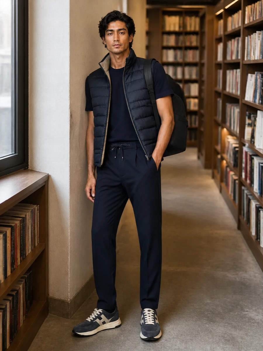 Herno navy gilet hogan sneakers outfit