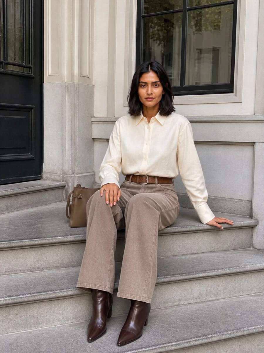 Brunello cucinelli taupe wide leg trousers outfit