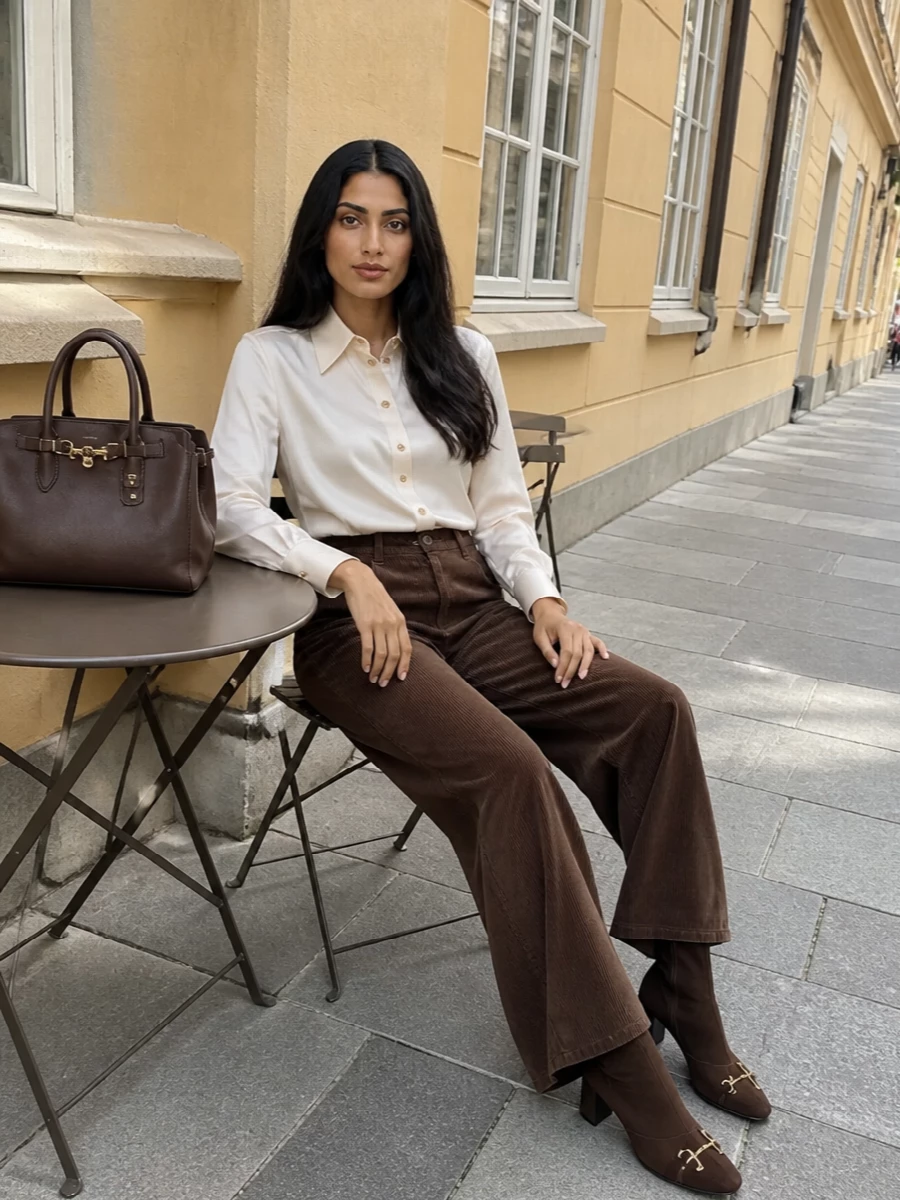 A deep chocolate palette is sharpened with a single hit of cream, so the wide-leg corduroy reads considered rather than casual. The fluid shirt lightens the proportions, while suede boots and a structured top-handle bag keep everything firmly in the quietly luxurious, city-ready space. It is relaxed in ease, but the tailoring and rich textures make it fully appropriate for smart days that slip into dinner.
