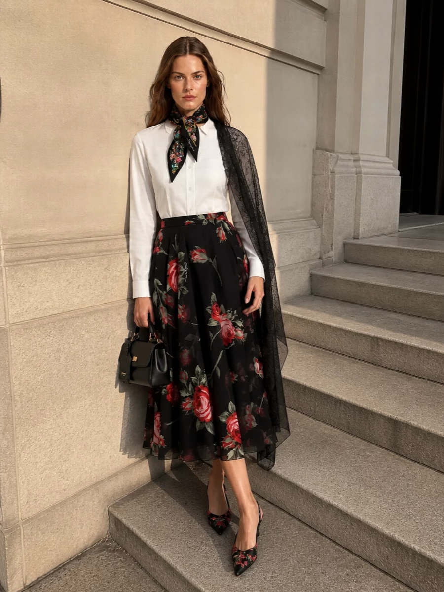 Dolce gabbana floral midi skirt shirt outfit