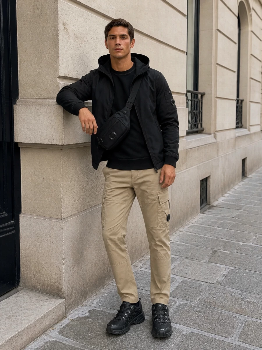A monochrome C.P. Company shell and sweatshirt up top meet sand cargos for a subtle, urban contrast that still reads streamlined and technical. Salomon trail runners and a compact lens crossbody keep the energy fast, functional and city ready. The result is a tight, utilitarian uniform you can run all day in without feeling overbuilt.