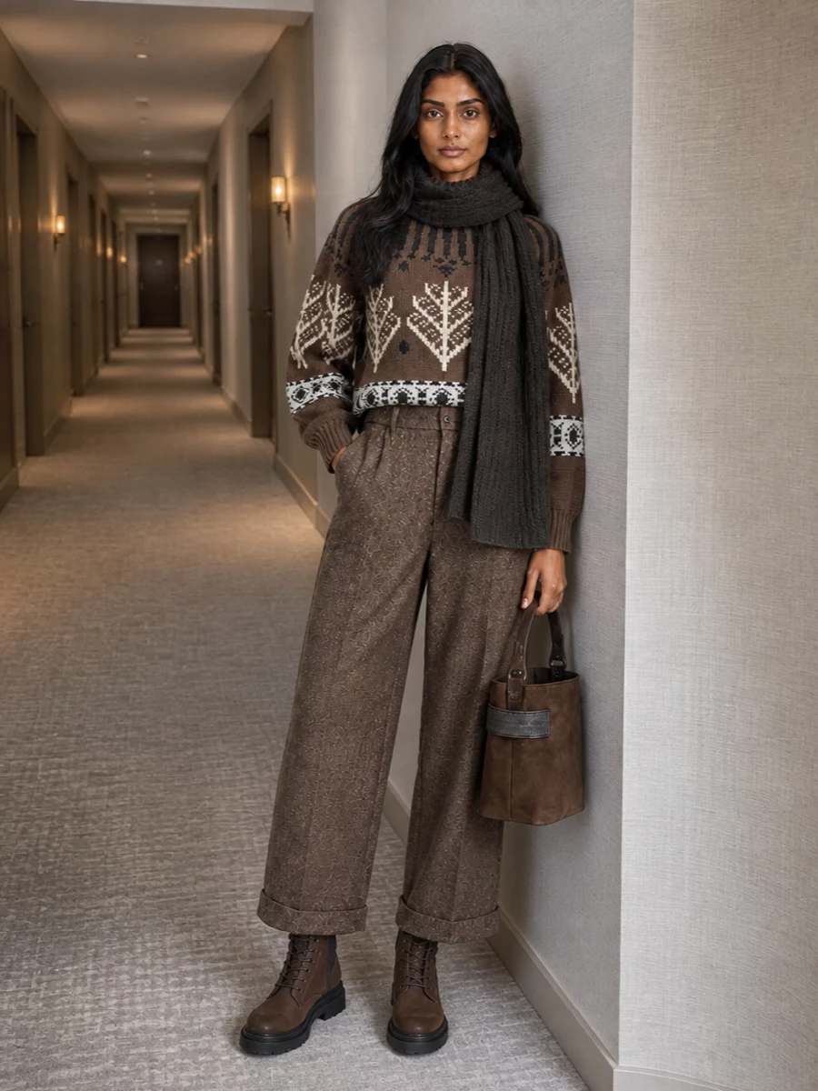 Brunello cucinelli jacquard sweater wide leg trousers