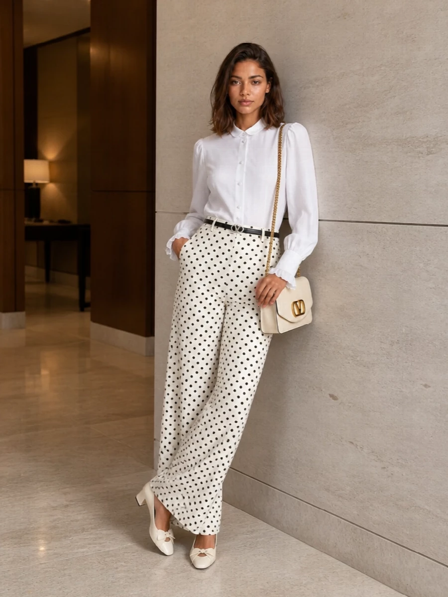 Valentino polka dot trousers white blouse outfit