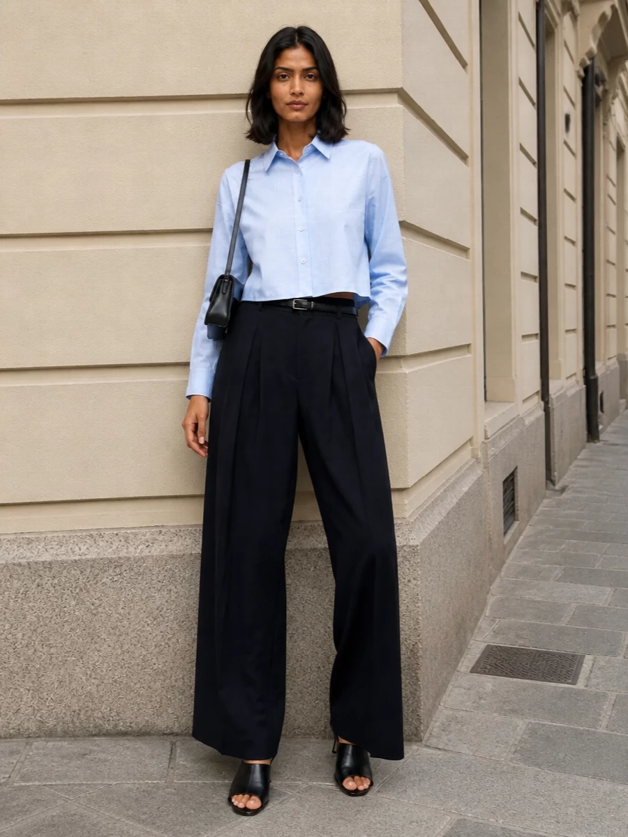 Mm6’s inky wide-leg trouser is paired with a cropped-back pale blue shirt for a clean, architectural play on volume and length. Black mules and a slim shoulder bag keep the lines sharp and directional, with a fine black belt quietly defining the waist. The palette stays tightly edited in navy, blue and black so the focus rests on proportion and movement.