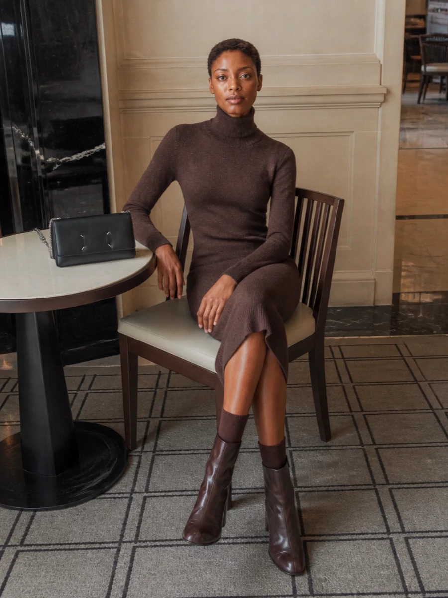 Maison margiela brown knit dress ankle boots outfit