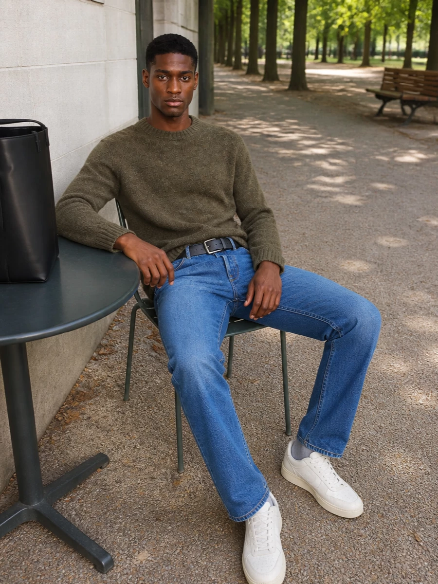 Apc jeans moss knit white sneakers outfit