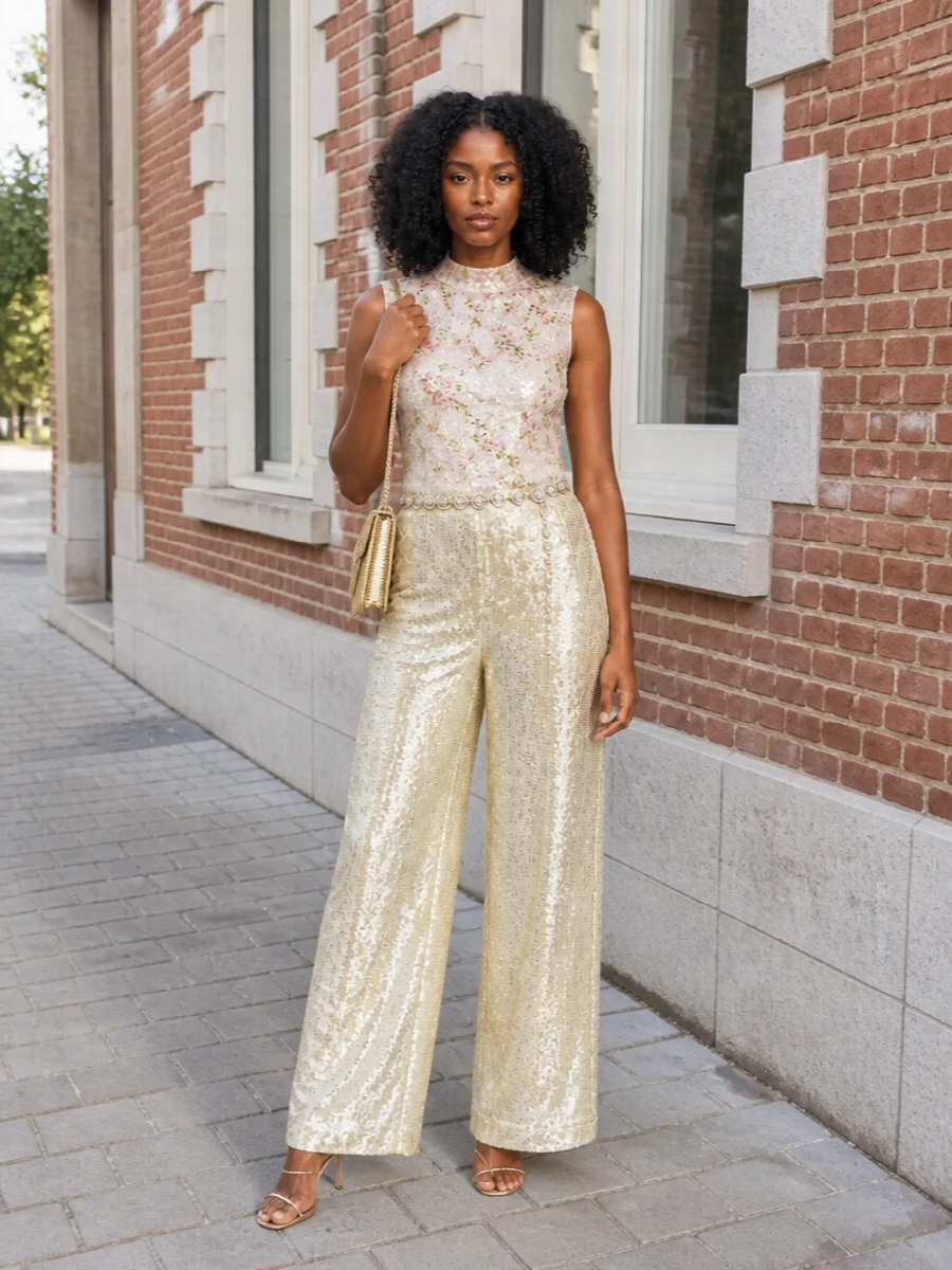 Champagne sequins and soft florals create a luminous evening ensemble that feels romantic yet precise, with the high-waisted wide leg anchored by a clean, shimmering shell. Rose-gold crystal sandals and a structured metallic bag amplify the light play without overwhelming the pale palette, while a jewel-like chain belt subtly defines the waist for a long, fluid line. This is made for garden parties, weddings or gallery nights where you want glow, movement and a quietly opulent finish.