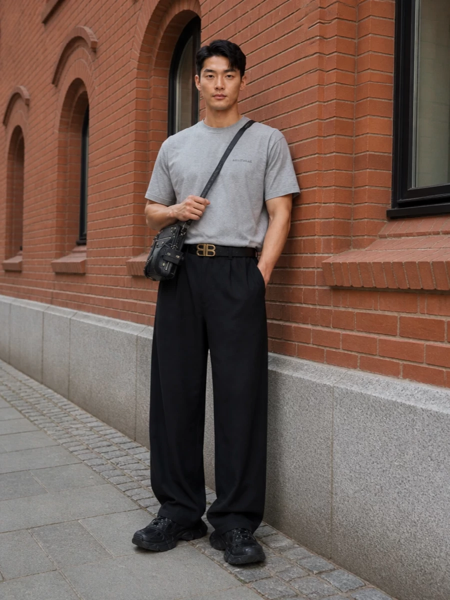 Balenciaga grey logo tee black wide leg pants