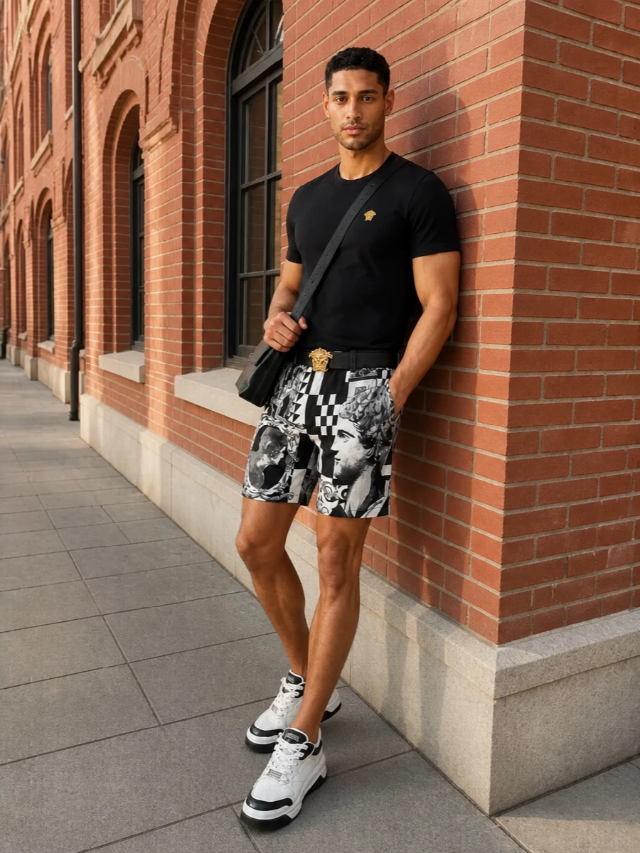 Versace graphic shorts black tee sneakers