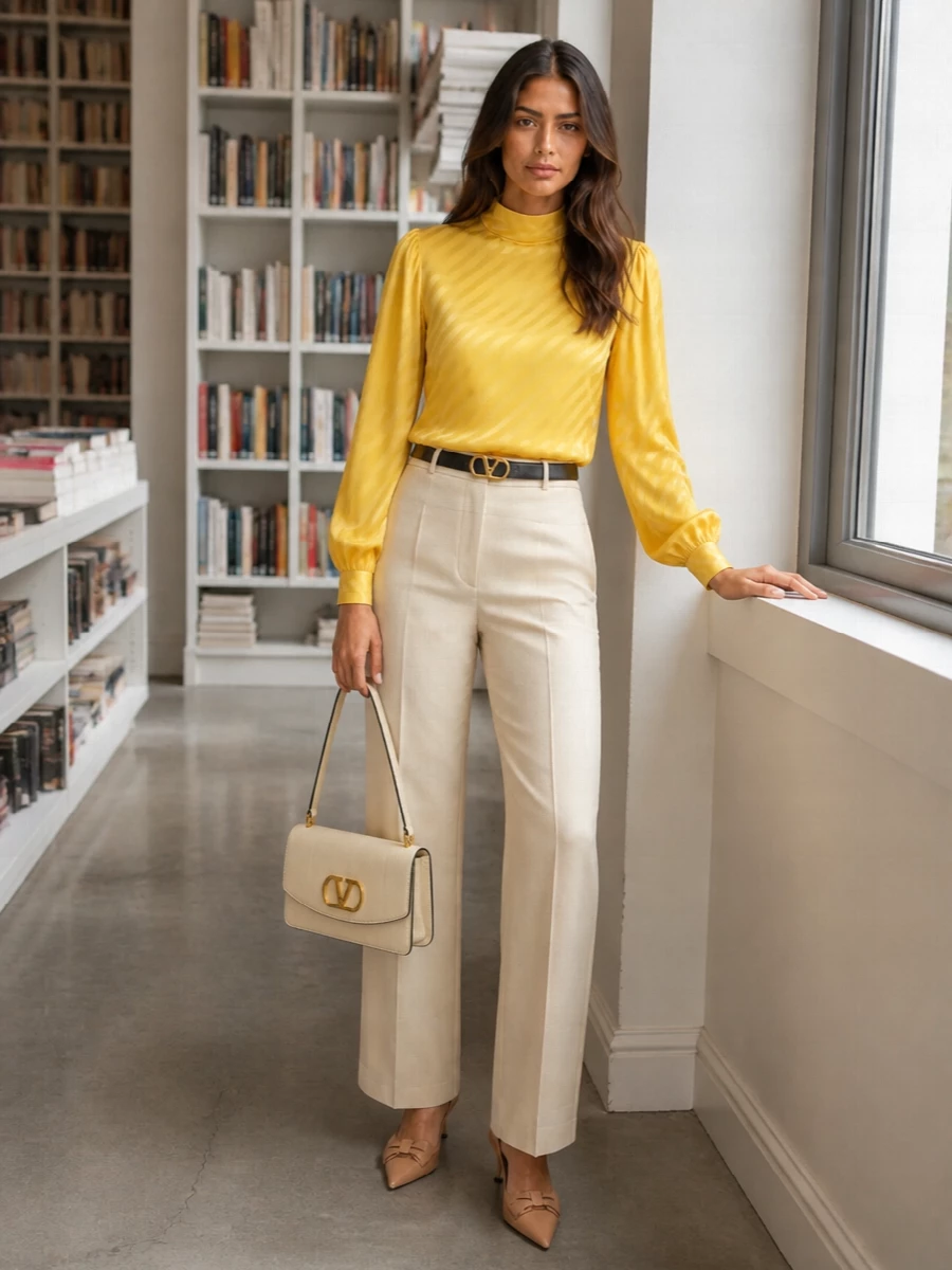 Valentino yellow blouse wide leg trousers outfit