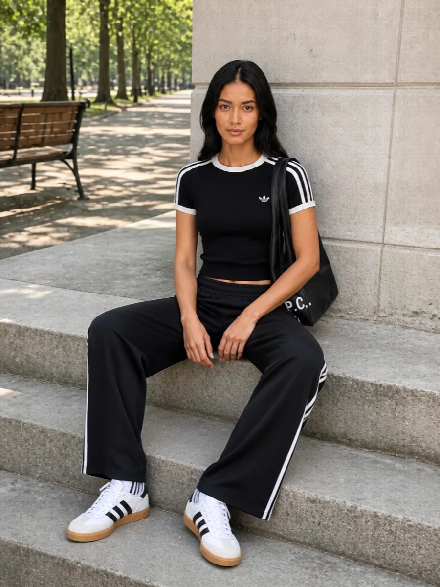 Adidas cropped tee wide leg track pants outfit