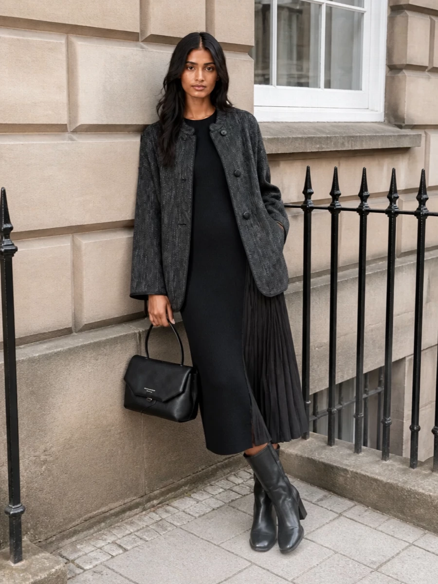 Emporio armani herringbone coat black knit midi dress