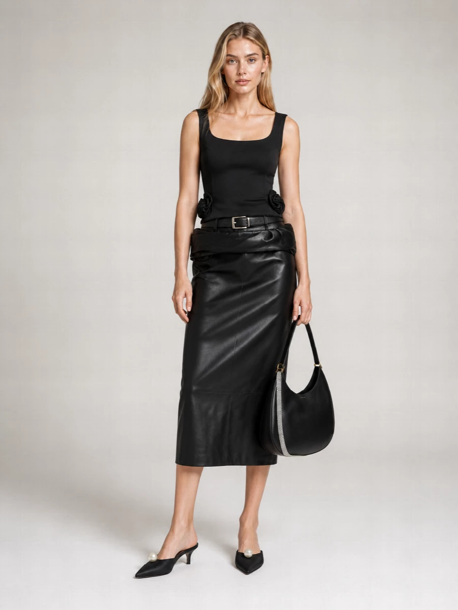 Magda Butrym Leather Floral-Detail High-Waisted Midi Skirt