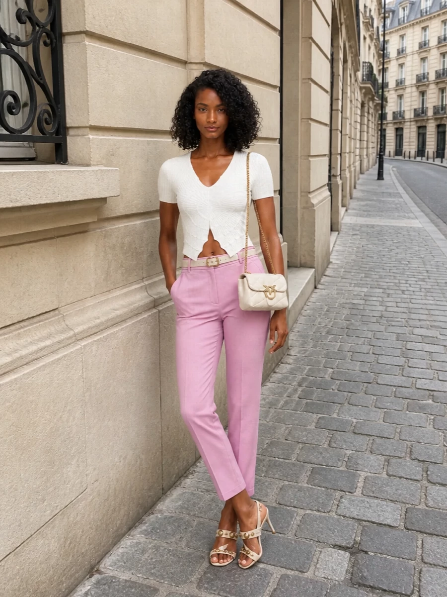 Pinko white knit pink tailored trousers outfit