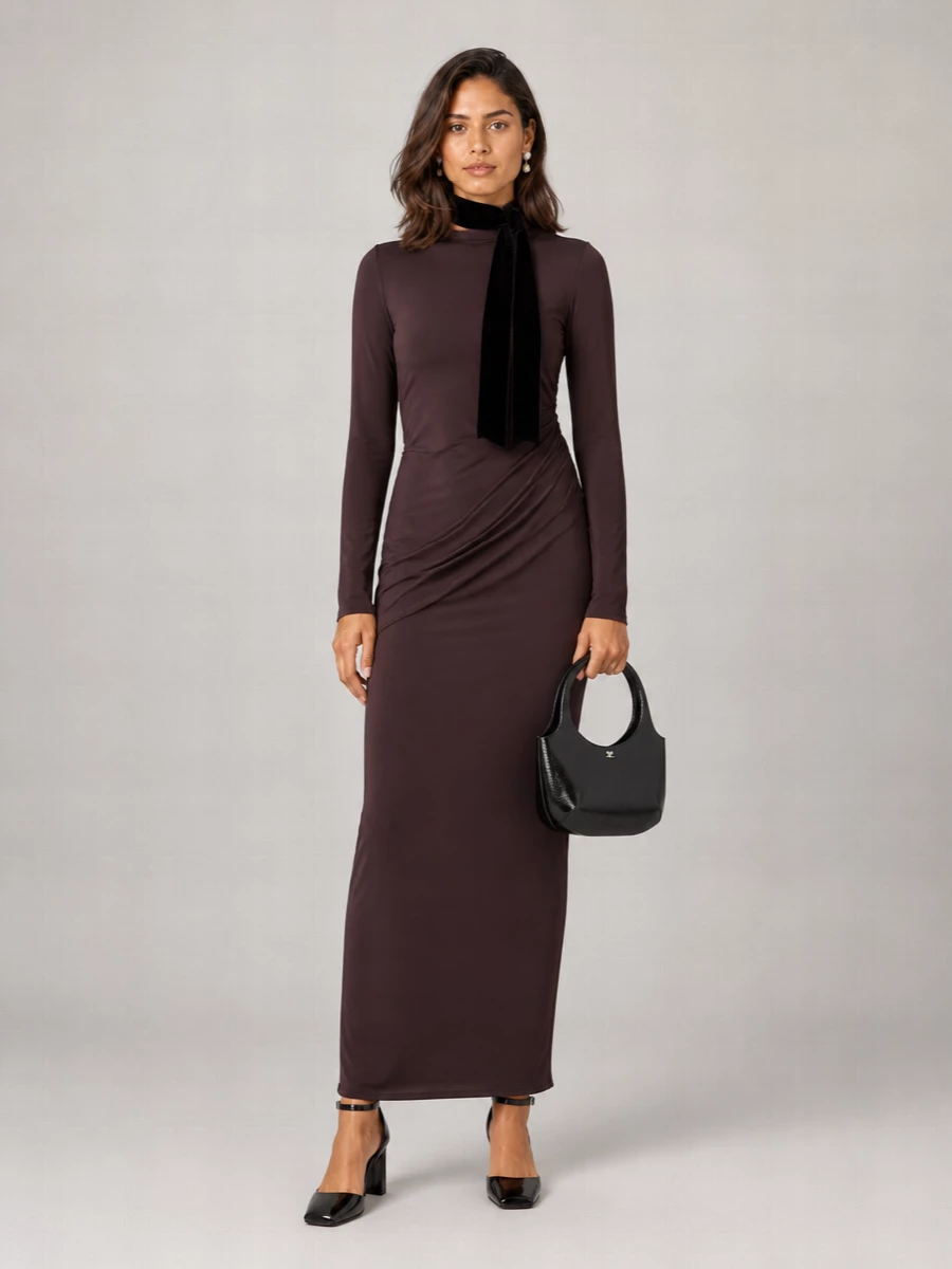 Courrèges Draped High-Neck Long-Sleeve Maxi Dress