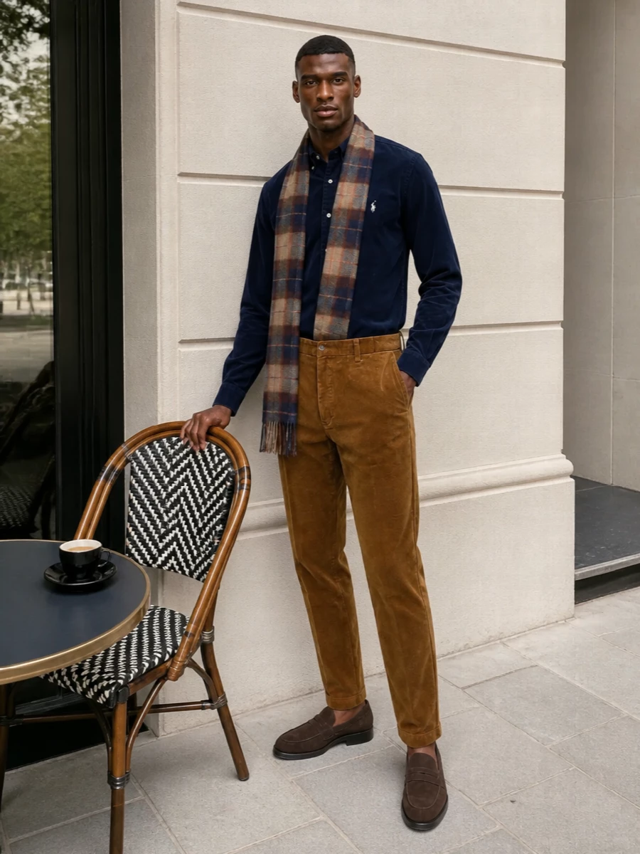 A navy corduroy shirt finds its perfect partner in caramel corduroy trousers, giving a distinctly collegiate yet grown up take on texture. Dark brown suede loafers keep the line smart but easy, and a navy canvas tote adds practical polish. The tartan scarf pulls the navy and brown tones together, introducing just enough pattern for depth without disturbing the calm palette.