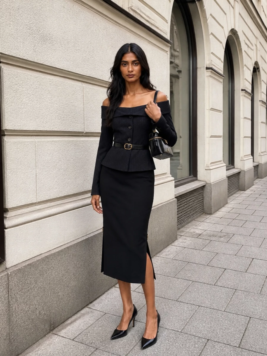 Pinko black pencil skirt off shoulder jacket
