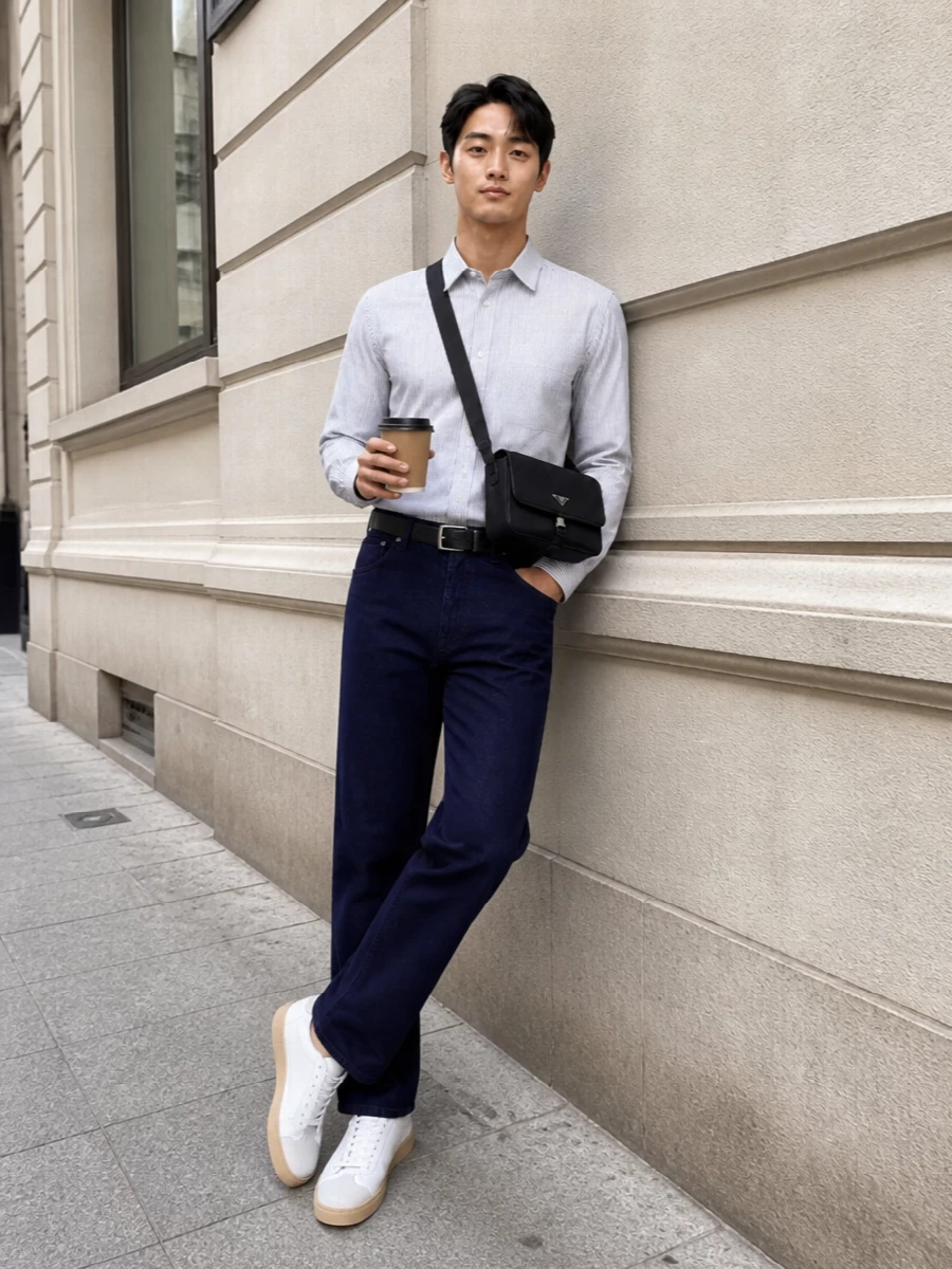 Ink-navy straight-leg trousers are grounded with a soft white and dusty blue striped shirt, bringing a touch of light and pattern while staying perfectly within the quiet-luxury universe. Clean white sneakers with a gum sole keep the mood sharp yet relaxed, and a structured black crossbody plus a minimal black belt finish the look with precise, urban refinement. The result is an SS-ready smart-casual uniform that feels intelligent, effortless and distinctly Prada-coded.