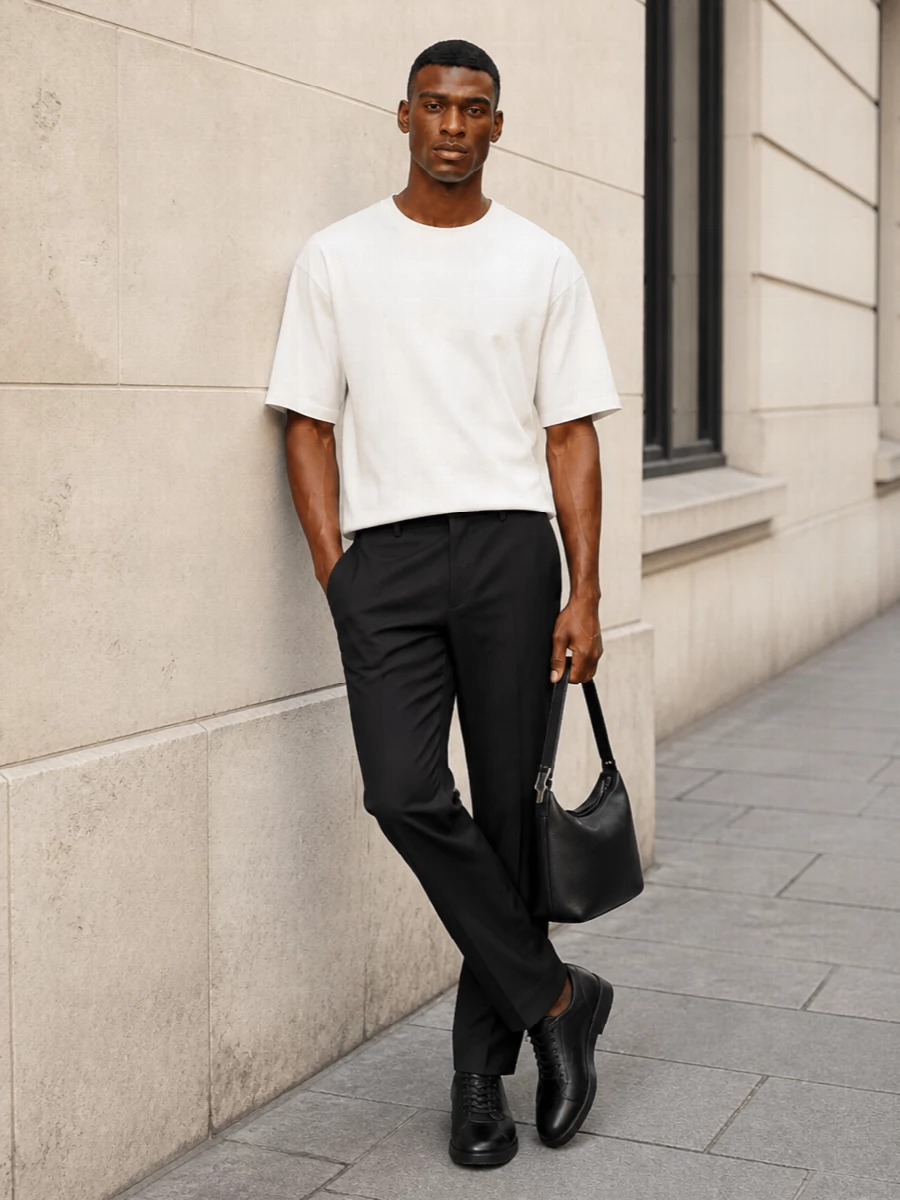 The row tee black prada tailored pants outfit