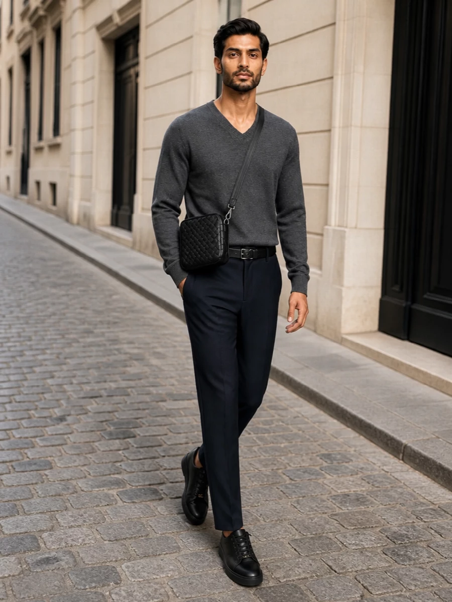 Zegna v neck knit navy trousers outfit