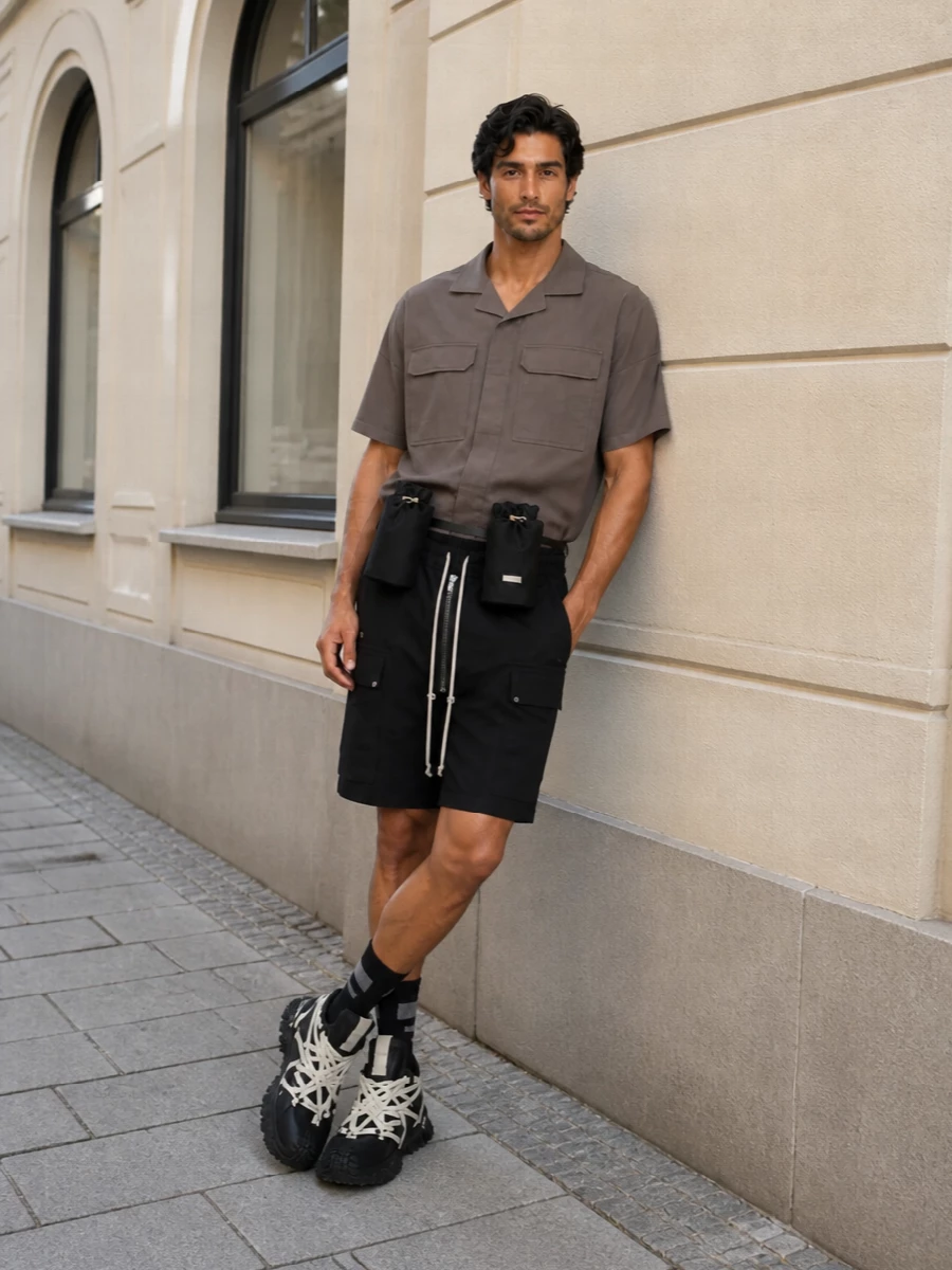 Rick owens cargo shorts taupe shirt outfit