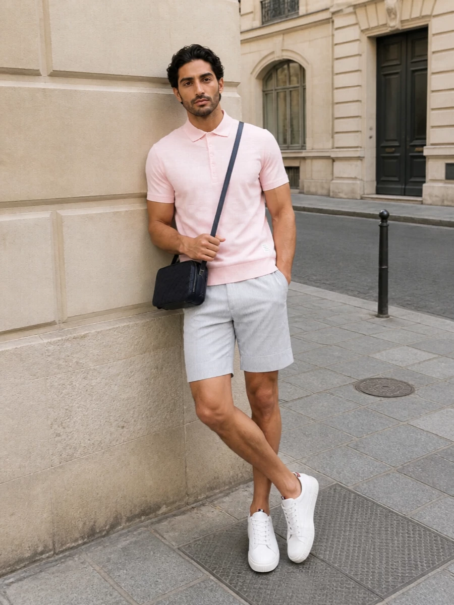 This look frames the blush Thom Browne polo with crisp SS tailoring: soft white and grey pinstriped shorts keep the line sharp yet easy, letting the pastel read modern rather than saccharine. Clean white leather low‑tops and an inky navy intrecciato crossbody finish it with quiet luxury, ideal for warm‑weather city days or refined resort evenings.