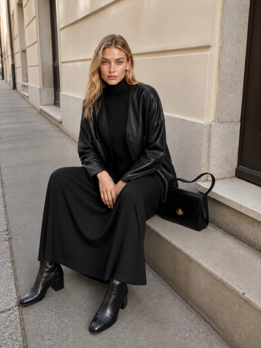 I am building around the coat’s soft, cardigan-like leather volume, so a single long dress is more coherent than adding a blazer and trouser underpinnings. The black turtleneck maxi keeps the silhouette columnar and deliberately minimal, while sculpted ankle boots and a structured shoulder bag introduce just enough shape and metal to read city-evening sharp rather than casual. The result is a monochrome, quietly luxurious ensemble that feels as comfortable as knitwear but composed enough for serious dinners and modern openings.