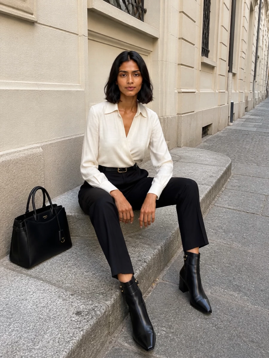 Alberta Ferretti’s high-waisted black trouser is grounded with an ivory wrap bodysuit for a clean, uninterrupted line through the torso. Ferragamo’s pointed ankle boots and a slim black belt sharpen the proportions, while a structured Prada top-handle bag adds decisive polish. The result is boardroom-ready tailoring that moves straight into evening without changing a piece.