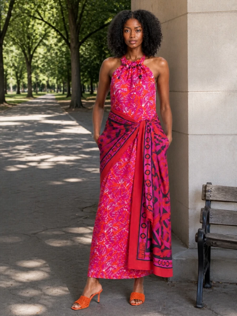 I built this as a high-summer resort set, treating the Pucci pareo as a vibrant layer over the Max Mara halter maxi rather than forcing a competing top and bottom under it. The dress and pareo live in the same hot pink–raspberry–orange family, so the Jacquemus mules and Valentino floral raffia bag simply amplify that y2k-leaning, boho glamour without adding noise. Wear the pareo knotted at the hip or over one shoulder and let the accessories frame all that color instead of fighting it.