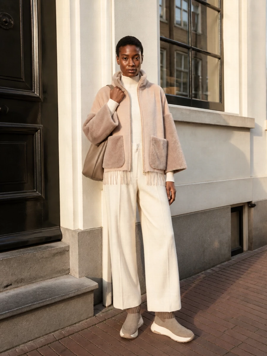Herno neutral jacket cream trousers outfit