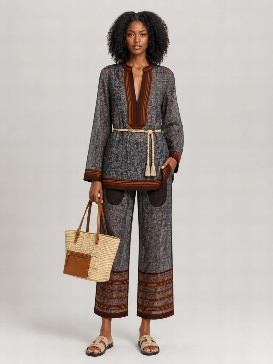 Tory Burch Linen Striped Wide-Leg Cropped Trousers