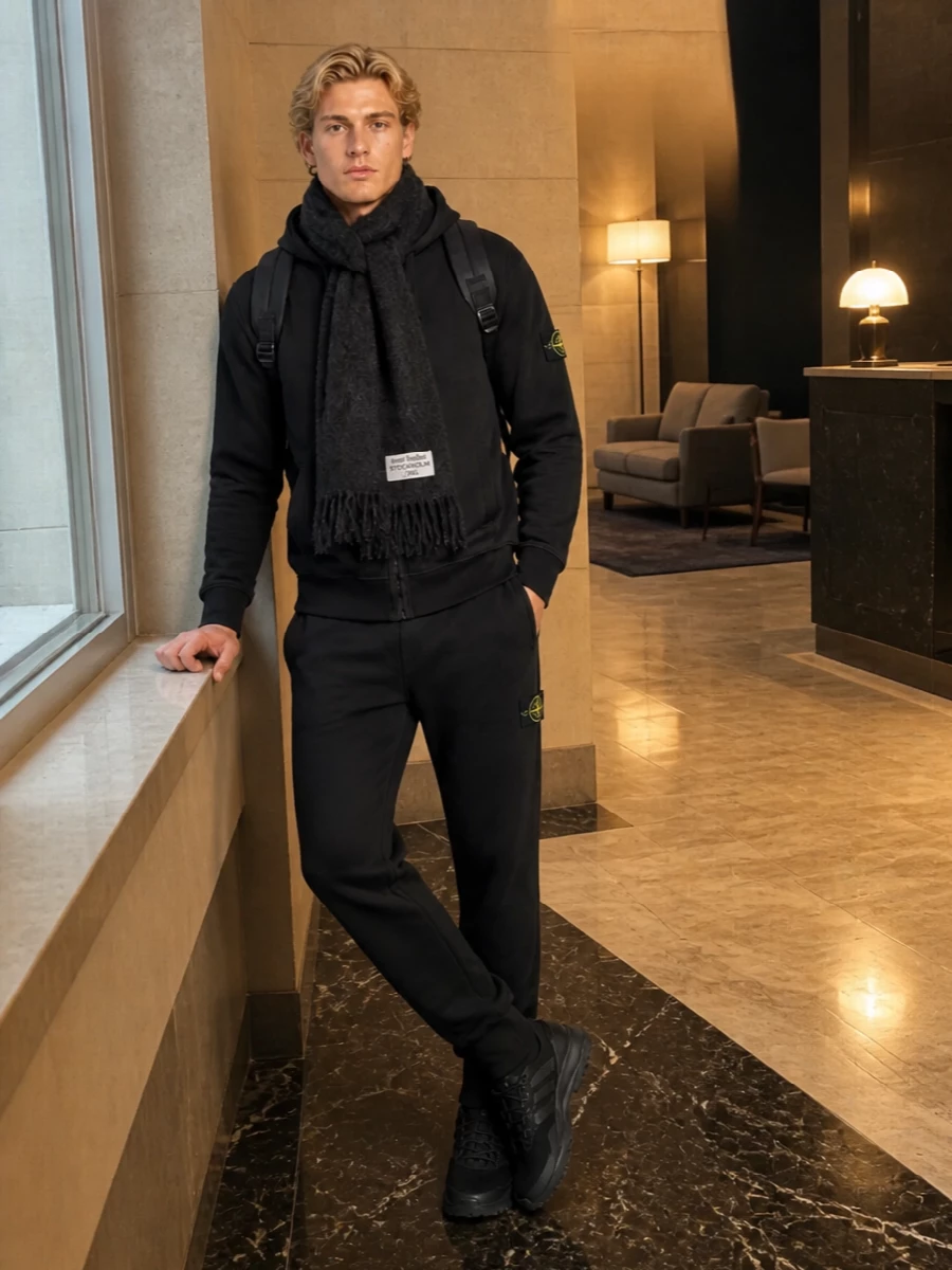 Stone island black hoodie joggers sneakers outfit