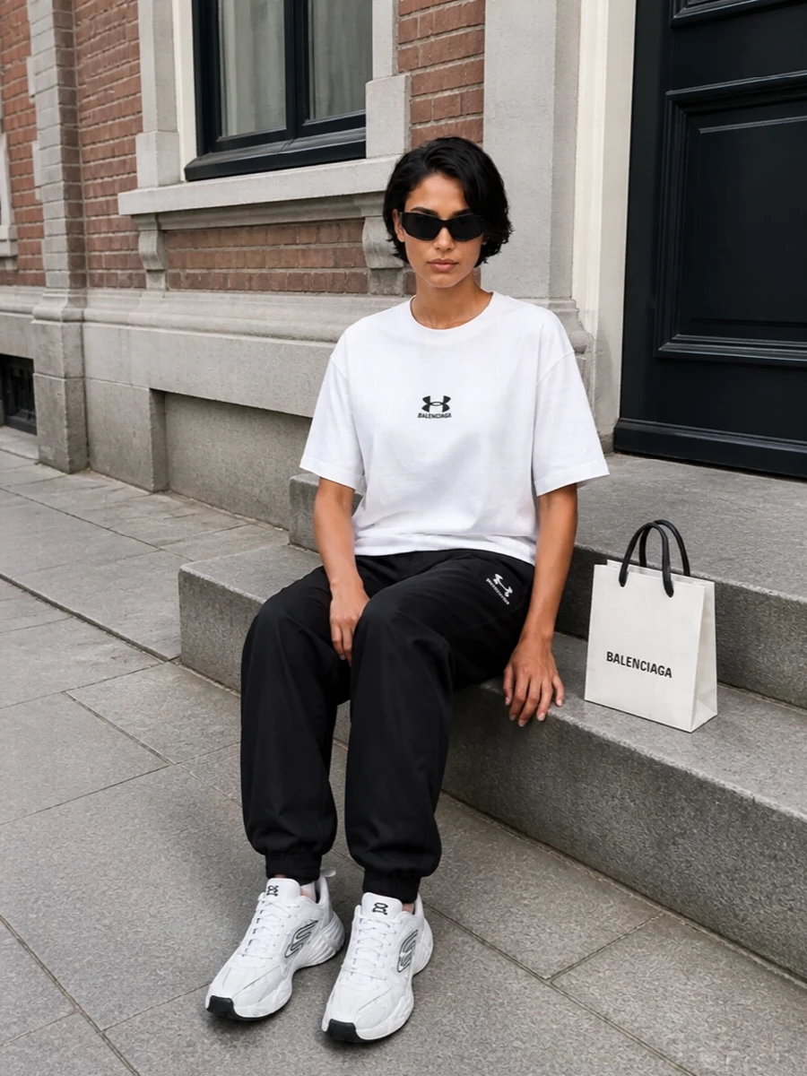 Balenciaga’s logo tee and slick black track pants push pure sportswear into a graphic city uniform. White chunky runners and an off‑white mini tote keep the palette tight and high-contrast so the logos read intentional rather than loud. Oversized shield sunglasses finish it with that low-key, behind-the-scenes energy Balenciaga does best.