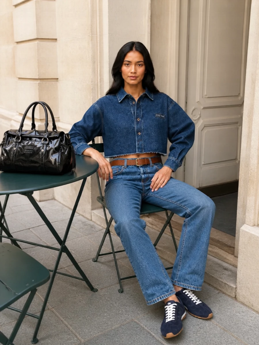 Miu miu double denim outfit navy sneakers