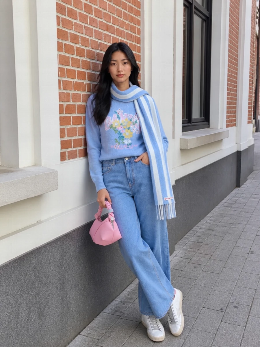Ganni sweatshirt wide leg jeans golden goose sneakers