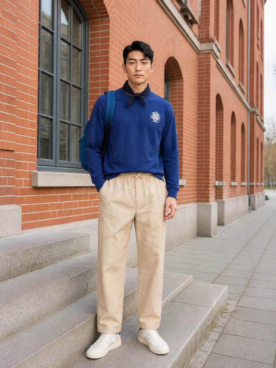 Kenzo cobalt sweatshirt beige trousers sneakers