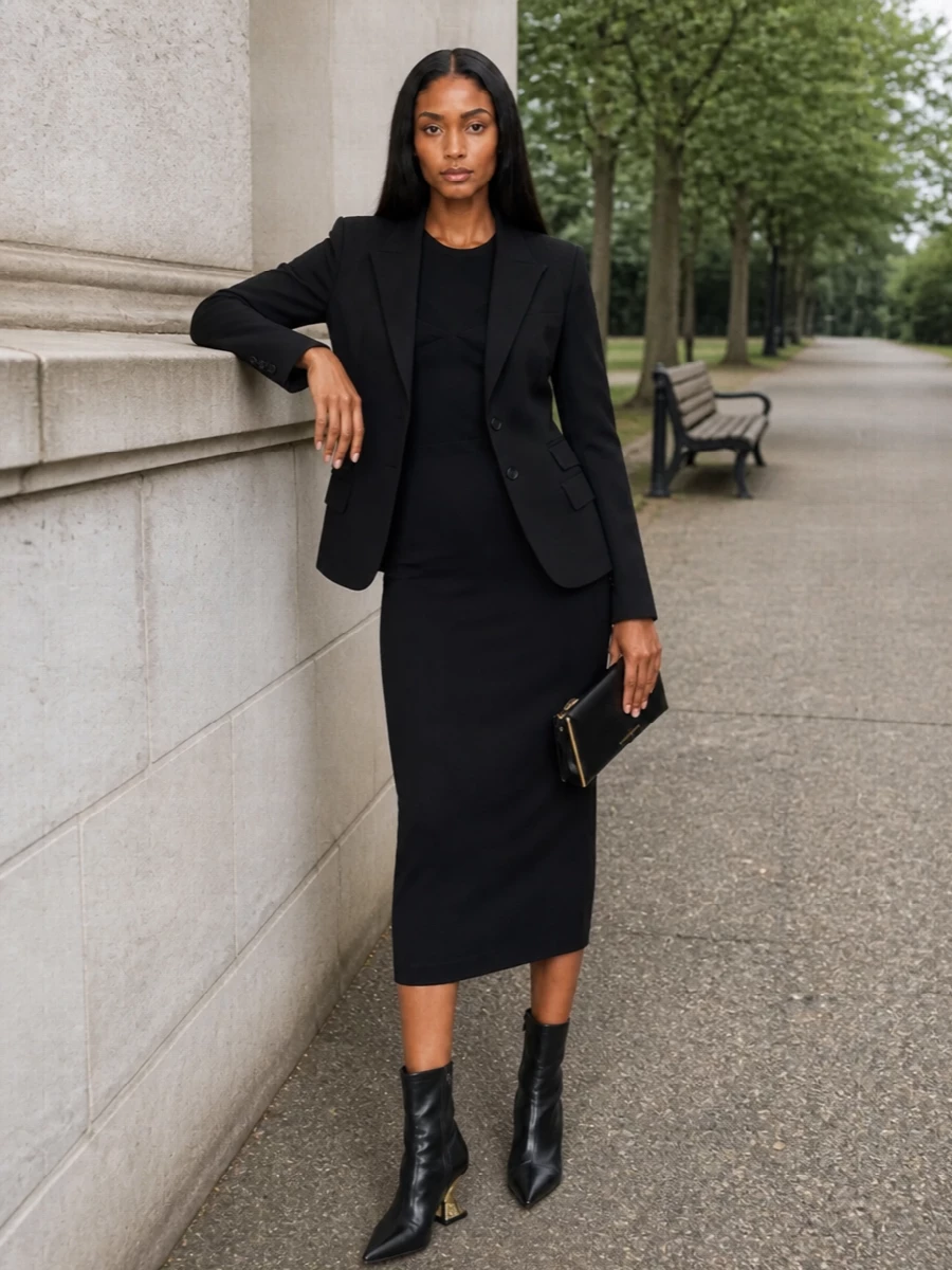 Elisabetta franchi blazer black midi dress outfit