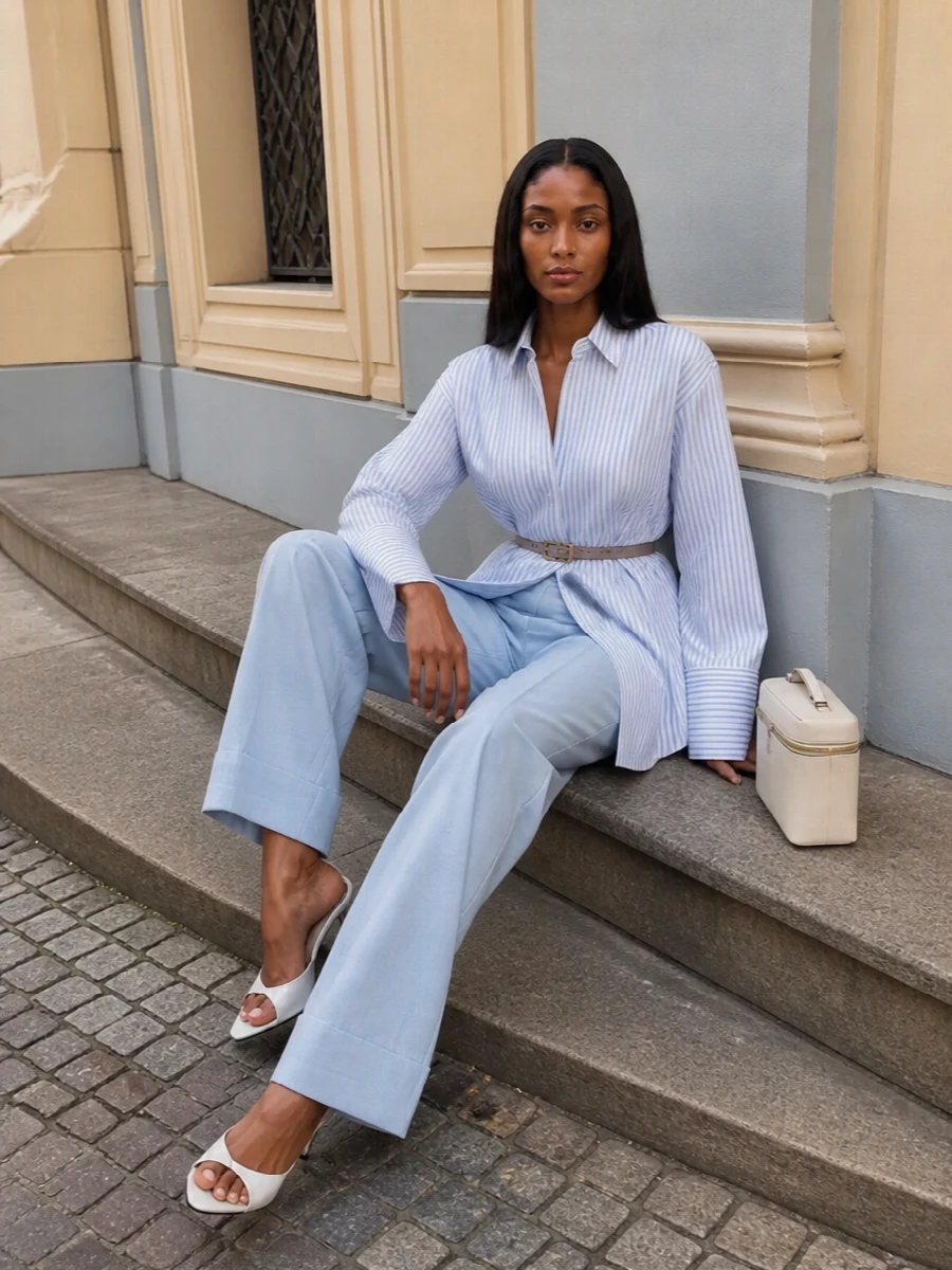 A long, pinstriped shirt falls over powder-blue wide-leg trousers for a crisp, tonal take on tailored dressing. Soft-white pointed sandals and an ivory box bag keep the palette light and precise, while a slim taupe belt gently defines the waist without disturbing the clean vertical line.
