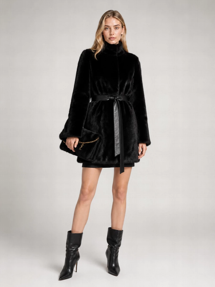 Yves Salomon Shearling Belted High Neck Jacket