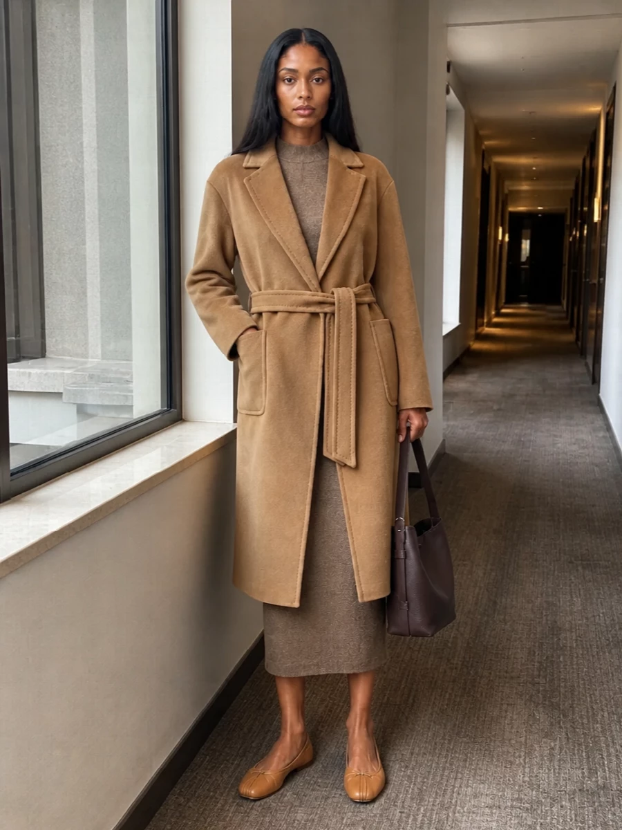 Max mara camel coat knitted midi dress outfit