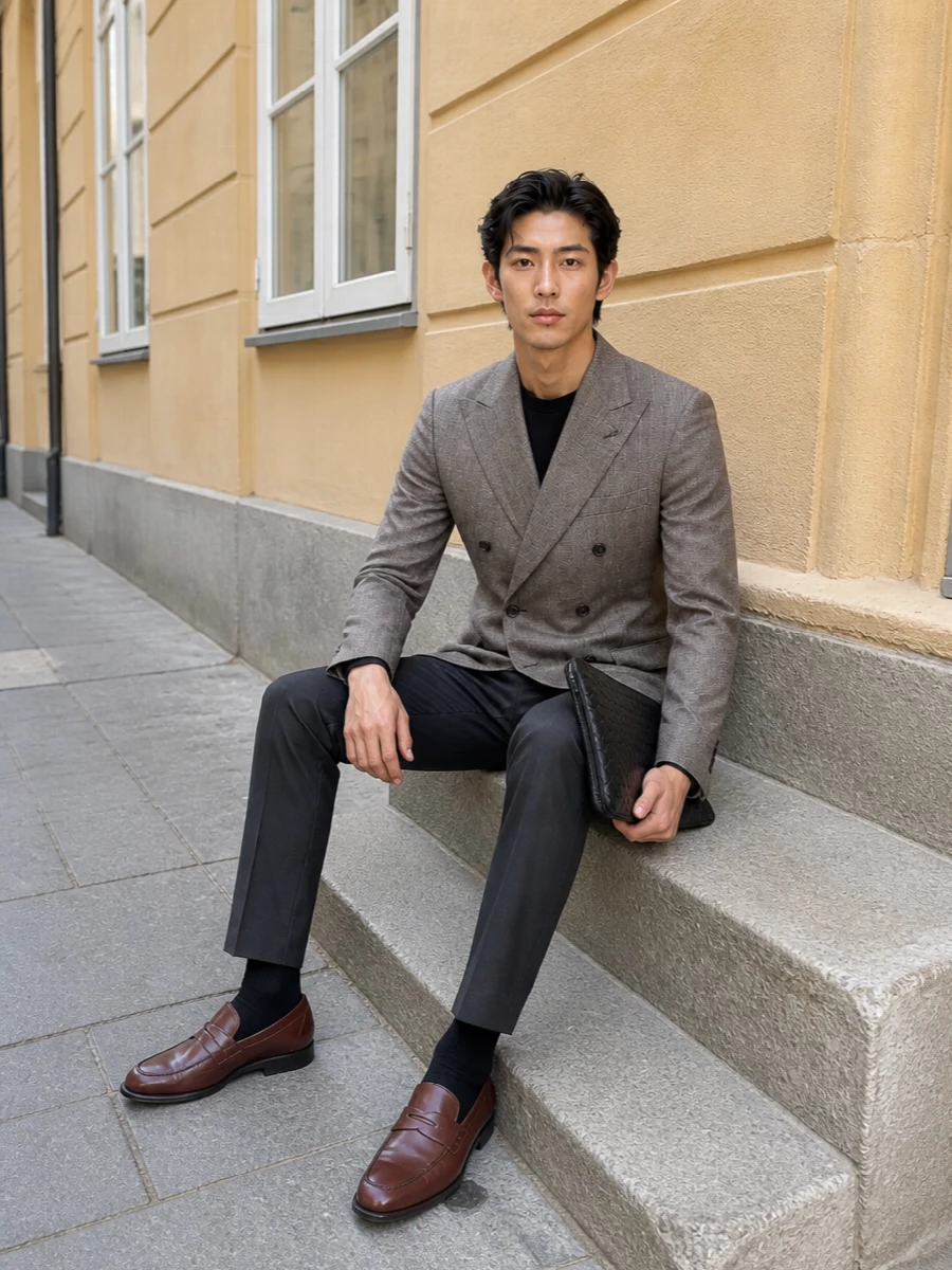Tagliatore taupe blazer charcoal trousers outfit