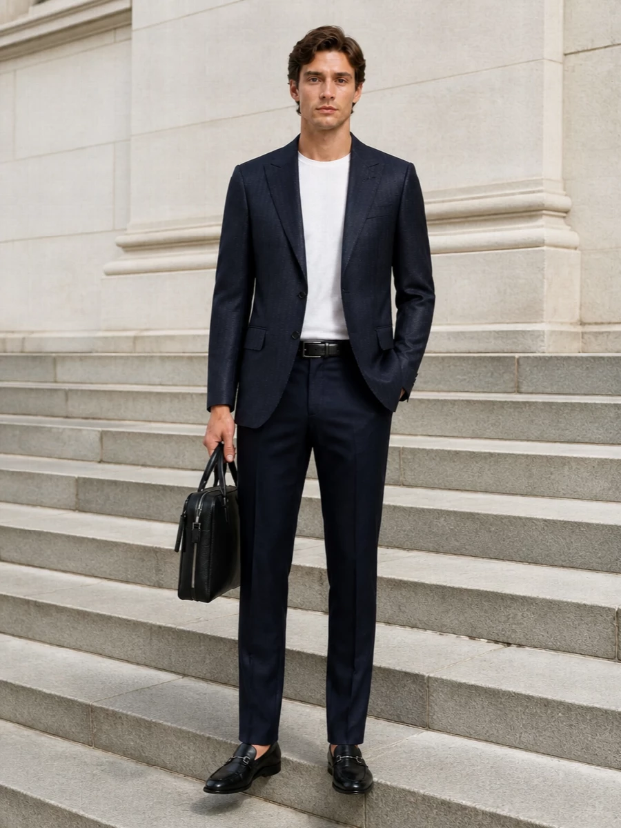 Tom ford navy trousers herringbone jacket outfit