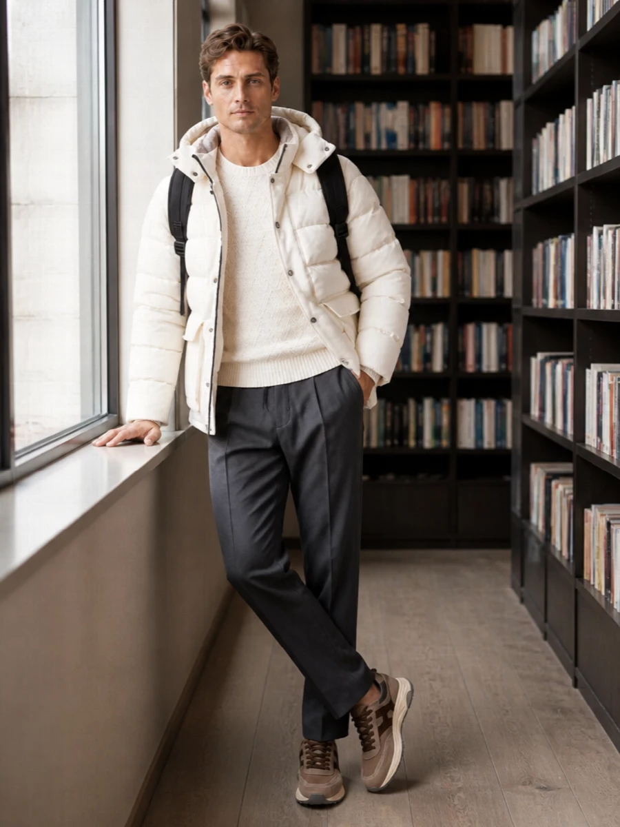 Herno winter white parka ivory knit charcoal trouser